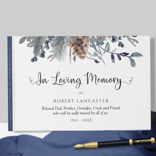In Loving Memory Navy Blue Rustic Blommigt Funeral Gästböcker (Skapare uppladdad)