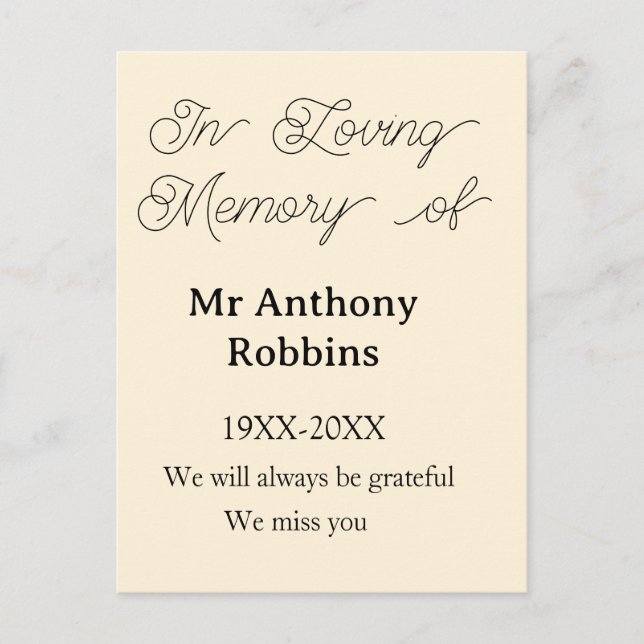 In Loving memory of name funeral memory keepsake Vykort (Framsida)