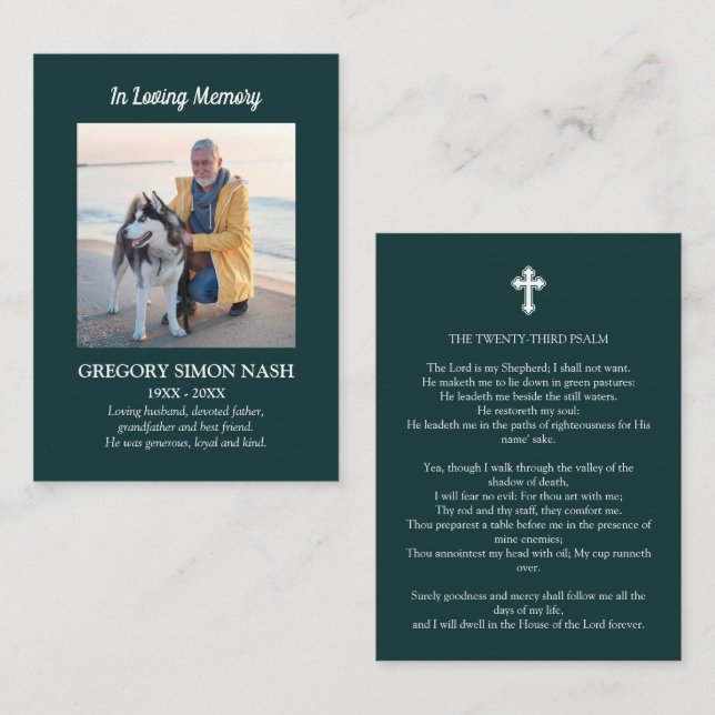 In Loving Memory Photo Grönt Funeral Card Visitkort (Fram/baksida)