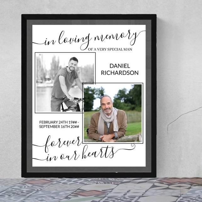 In Loving Memory Script 2 Foto Begravning Poster (Funeral memorial poster to order professionally printed or as a printable digital download)