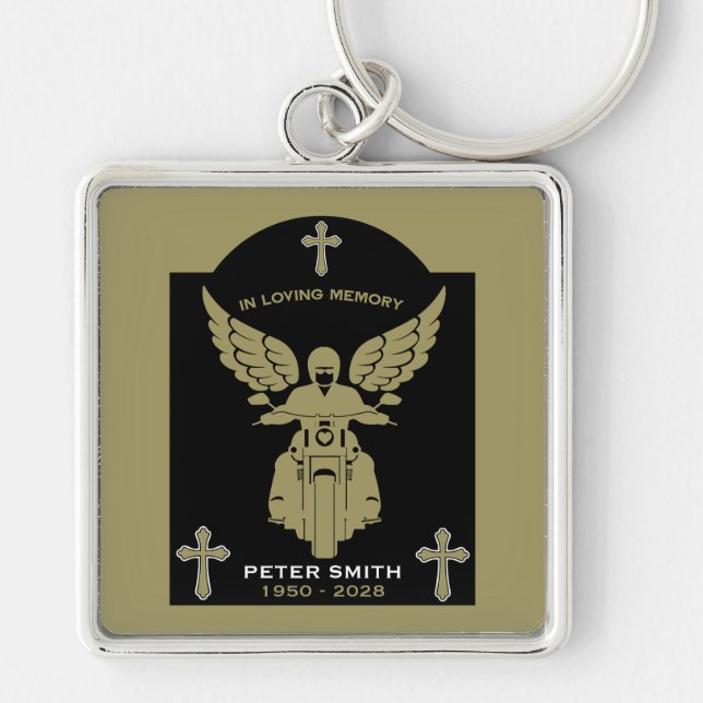 In Memory Motorbike Rider Biker Funeral Fyrkantig Silverfärgad Nyckelring (Framsidan)