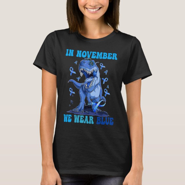 In November We Wear Blue Dinosaur Diabetes Awarene T Shirt (Framsida)