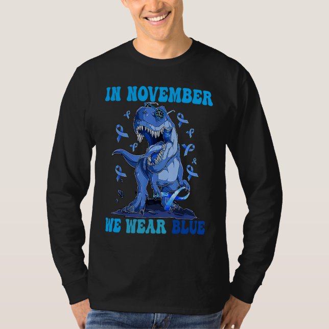 In November We Wear Blue Dinosaur Diabetes Awarene T Shirt (Framsida)