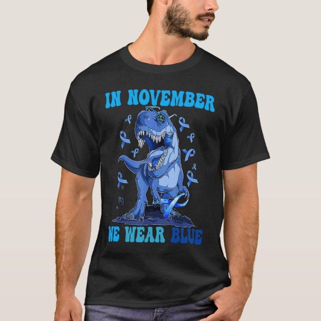 In November We Wear Blue Dinosaur Diabetes Awarene T Shirt (Framsida)