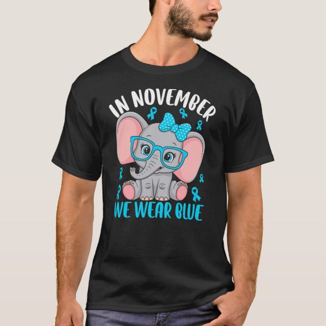 In November We Wear Blue Elephant Diabete Awarenes T Shirt (Framsida)