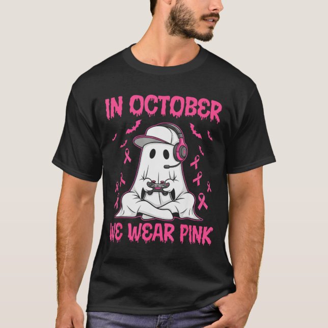 In October We Wear Nk Breast Cancer Gaming Ghost Y T Shirt (Framsida)