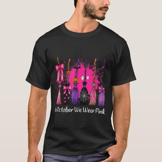 In October We Wear Nk Witch Broom Breast Cancer Ha T Shirt (Framsida)