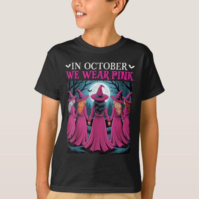 In October We Wear Nk Witch Halloween Breast Cance T Shirt (Framsida)