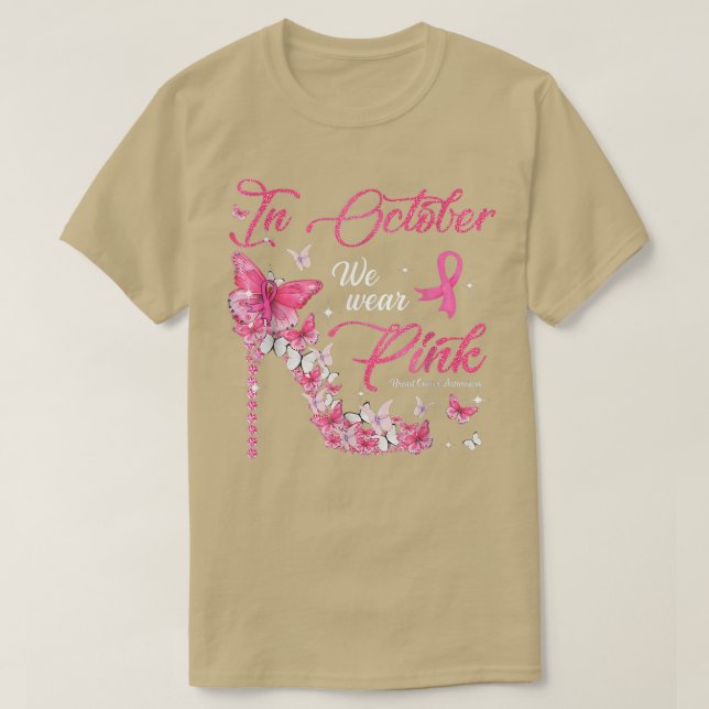 In October We Wear Pink Butterflies Breast Cancer  T Shirt (Design framsida)