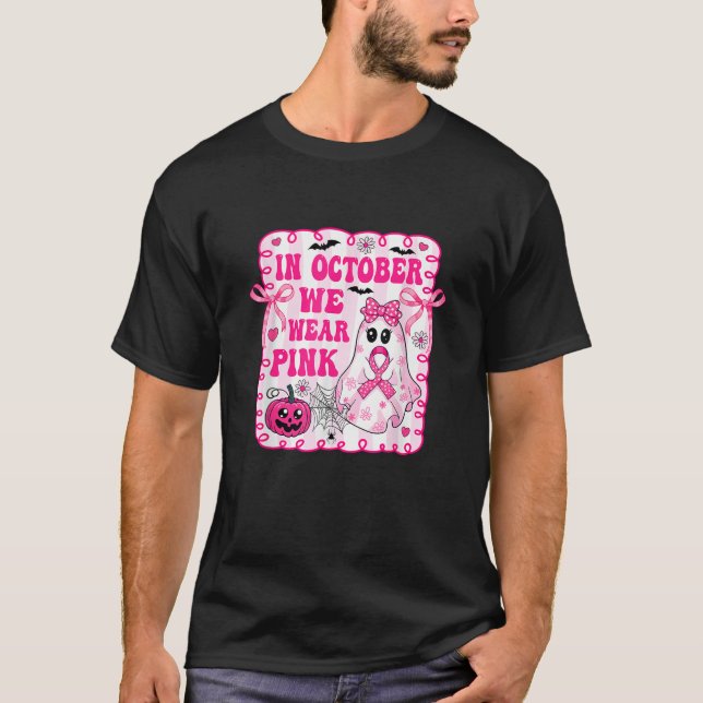 in October We Wear Pink Coquette Breast Cancer Hal T Shirt (Framsida)