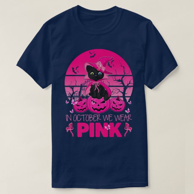 In October We Wear Pink Cute Cat Halloween Breast  T Shirt (Design framsida)
