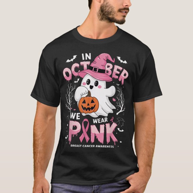 In October We Wear Pink Ghost Breast Cancer  T Shirt (Framsida)