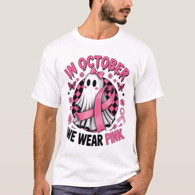 In October We Wear Pink Ghost Witch Breast Cance T Shirt (Framsida)