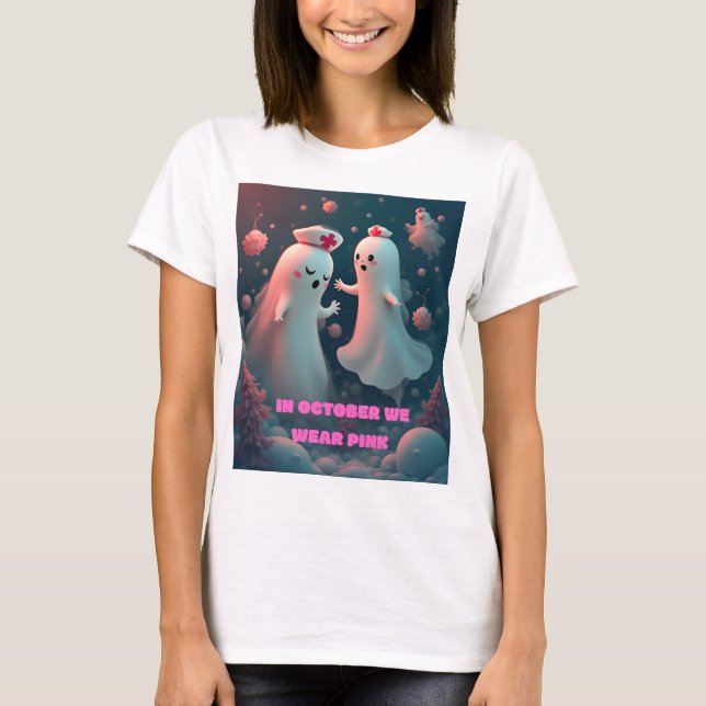 In October We Wear Pink Nurse Ghost Halloween 2025 T Shirt (Framsida)
