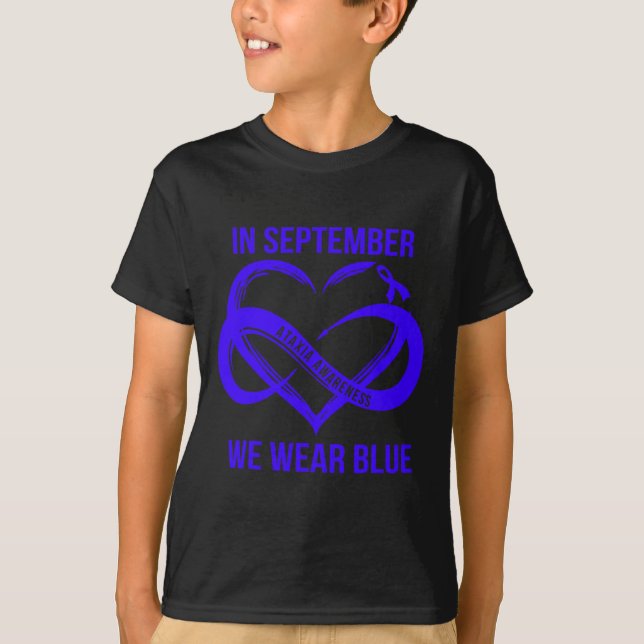 In September We Wear Blue Ataxia Awareness Ribbon  T Shirt (Framsida)