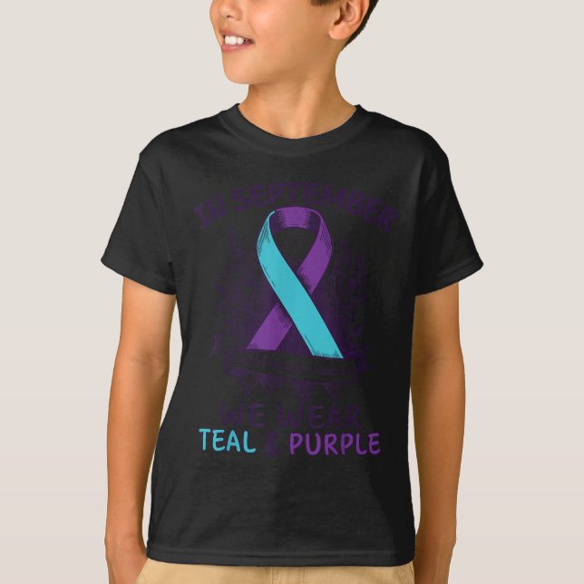 In September We Wear Teal Purple Ribbon Suicide Pr T Shirt (Framsida)