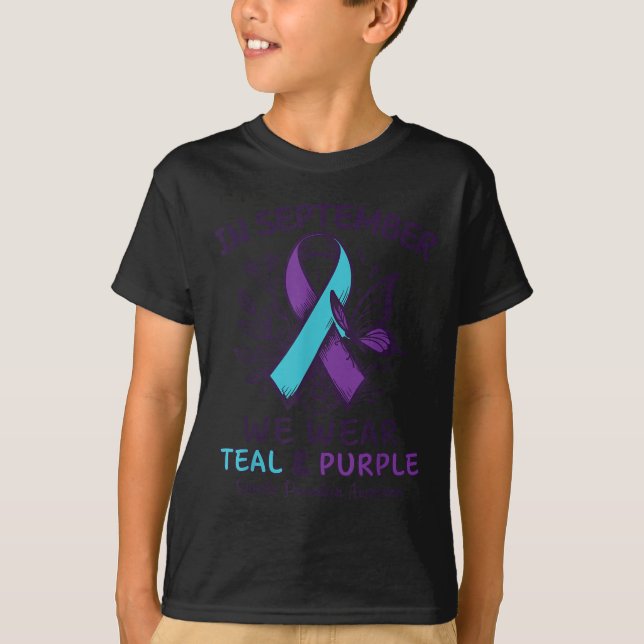 In September We Wear Teal Purple Ribbon Suicide Pr T Shirt (Framsida)