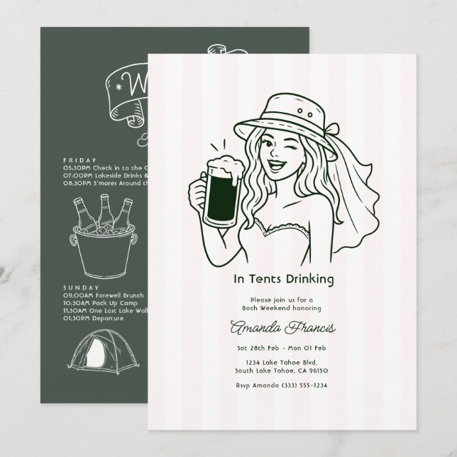 In Tents Drinking Doodle Camping Bachelorette Inbjudningar (Fram/baksida)