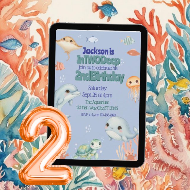 In TWO Deep, Blue Under the Sea 2nd Birthday  Inbjudningar (Skapare uppladdad)