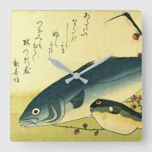 Inada & Fugu - Hiroshiges japanska fiskutskrift Sq Fyrkantig Klocka