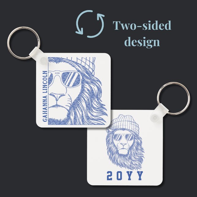 Inaktiverat Lejona Mascot School Studenten-år Nyckelring (Square Blue Lion keychain allows you to customize the school name and graduation year. )