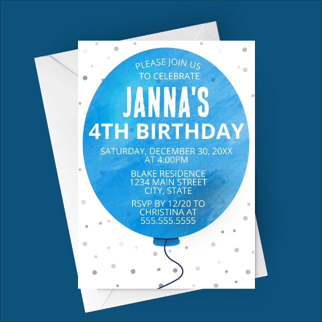 Inbjudan (Blue Watercolor Balloon Birthday Party Invitation)