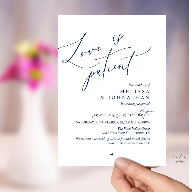 Inbjudan (“Love Is Patient” Wedding Postpone Announcement, Change the date card in Navy Blue)