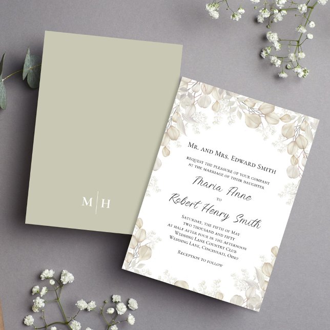 Inbjudan (Simple and elegant sage green and cream foliage wedding invitation.)