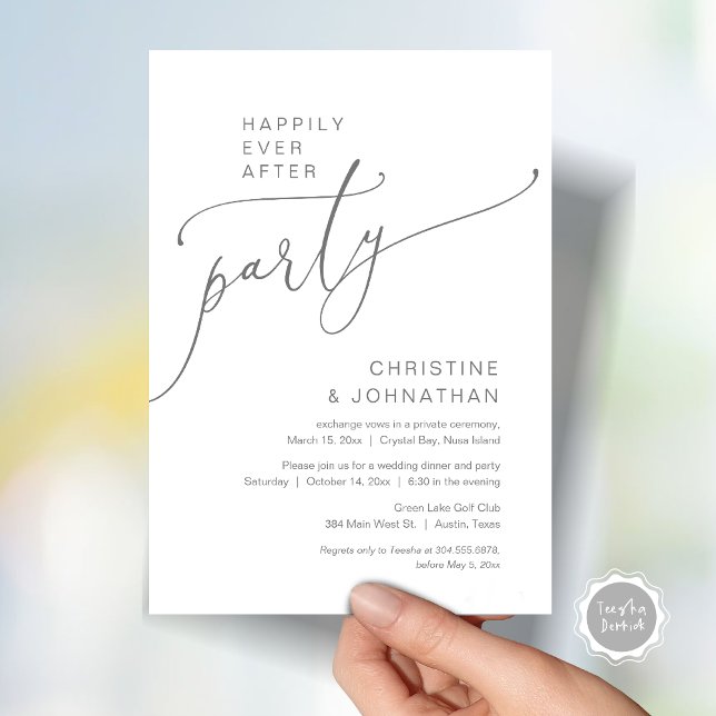 Inbjudan (Happily Ever After Party, Modern Romantic Wedding Elopement Dinner Invitation Card, in Dark Grey)