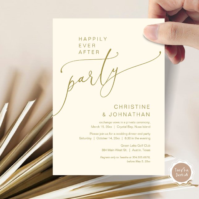 Inbjudan (Happily Ever After Party, Modern Romantic Wedding Elopement Dinner Invitation Card, in Classy Gold)