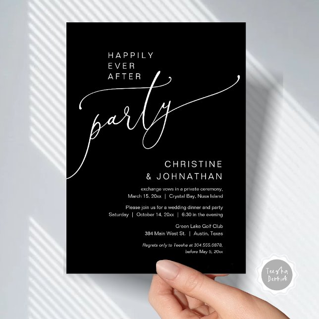 Inbjudan (Happily Ever After Party, Modern Romantic Wedding Elopement Dinner Invitation Card, in Classy Black)