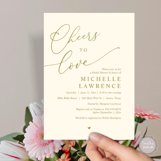 Inbjudan (Cheers to love, Romantic Bridal Shower Party Invitation Card, PDF, in Retro Yellow Gold)