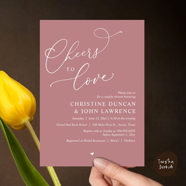Inbjudan (Cheers to love, Romantic Couples Shower Modern Party Winery Invitation Card, PDF, Summer Dusty Rose)