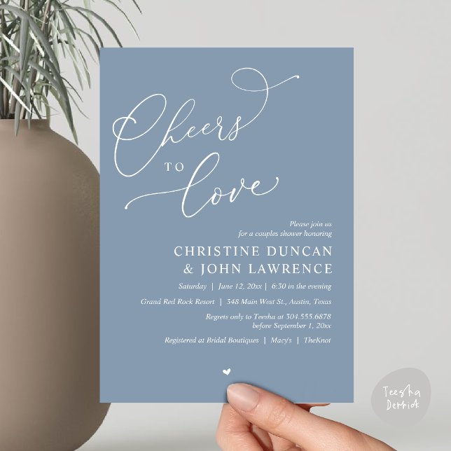 Inbjudan (Cheers to love, Romantic Couples Shower Modern Party Winery Invitation Card, PDF, Summer Dusty Blue)