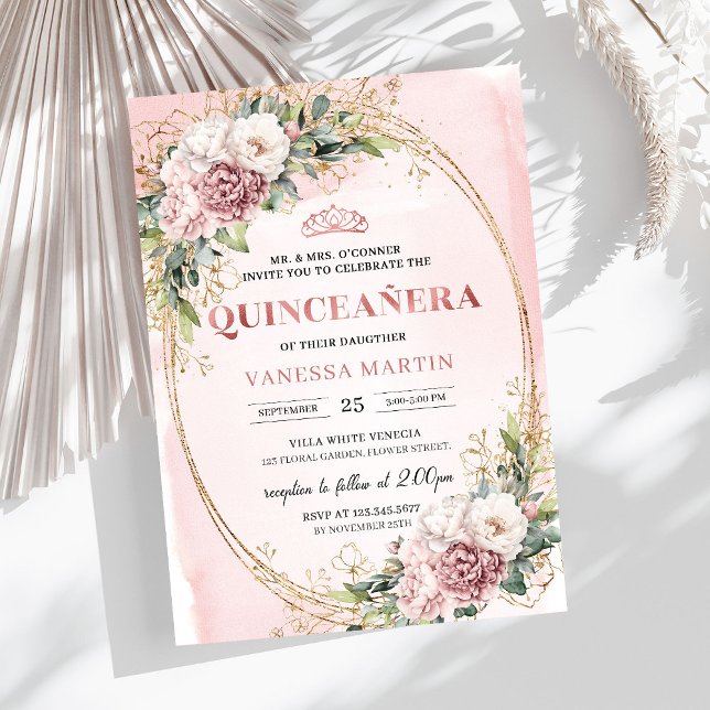 Inbjudan 15 år floral rosa med grönt eukalyptus (Sparkling Blush Pink Flowers Eucalyptus 15th Birthday Invite

)