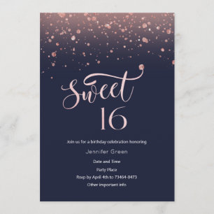Inbjudan 16 till Navy & Ro Guld Glitter Sweet 16
