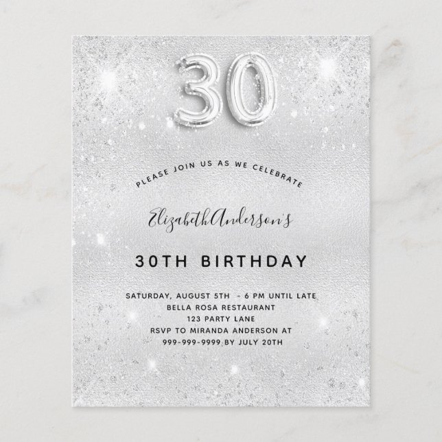 Inbjudan 30års födelsedag silver glitter (Framsida)