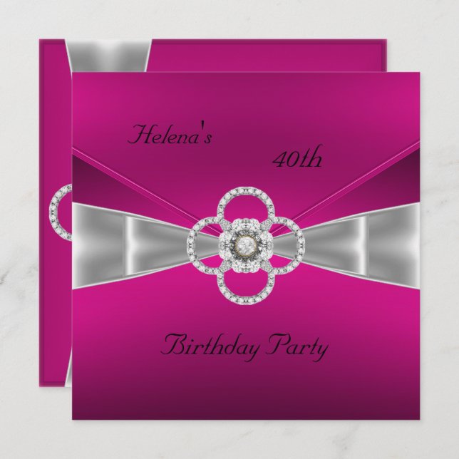 Inbjudan 40:e födelsedag Party Bright Rosa Velvet (Fram/baksida)