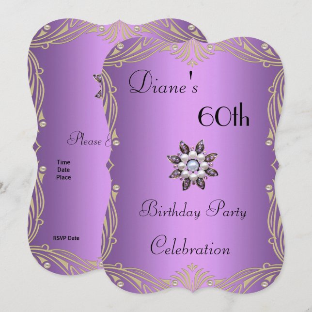 Inbjudan 60-årsdag Blommig Mauve Pärl Jewel (Fram/baksida)