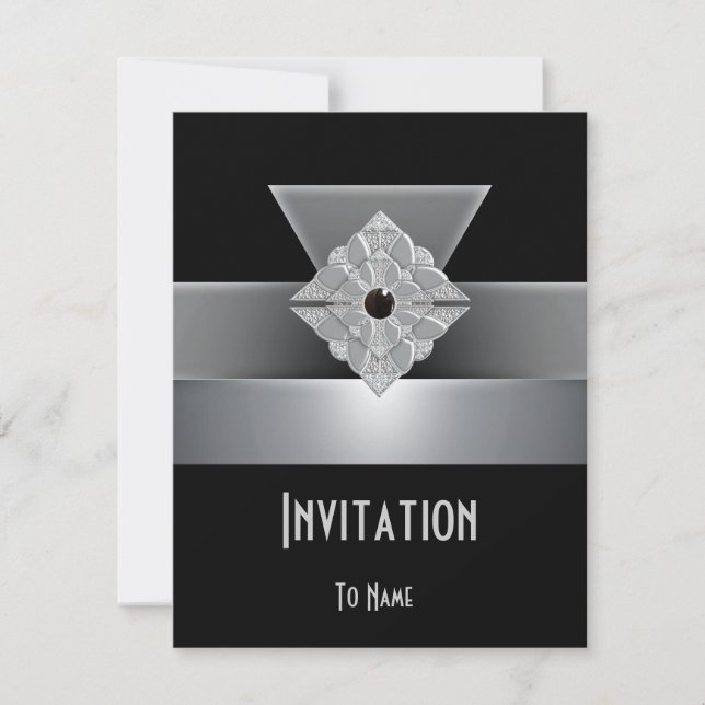 Inbjudan Alla Tillfällen Svart Silver Art Deco (Framsida)