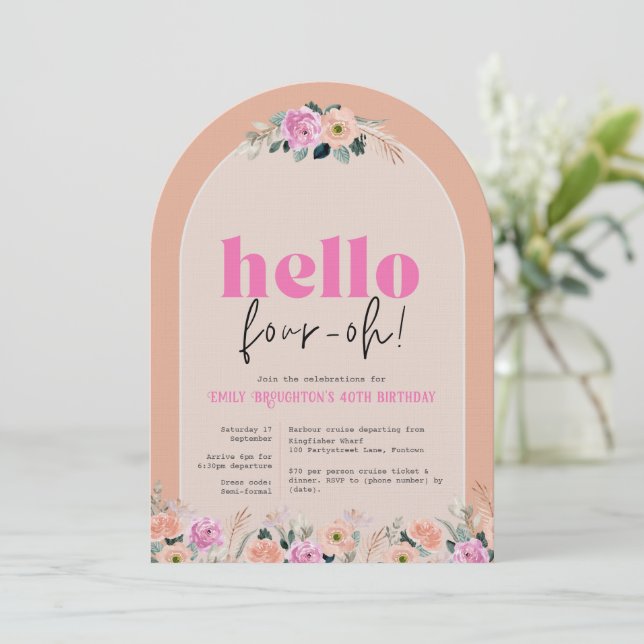 Inbjudan Arch Ro blommigt, 40-årsdag (Stående Fram)