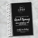 Inbjudan att öppna Logotypen för stora företag<br><div class="desc">En roligt men enkel svartvit inbjudan till ett stort öppningsföretag eller ett varumärke eller en lanseringsevenemang i party. Lägg till din egen logotyp högst upp på ge, det är ditt varumärke. Svart och vitt blommönster på sidan för en söt accent. Du kan byta ut all text och alla bakgrunder mot...</div>