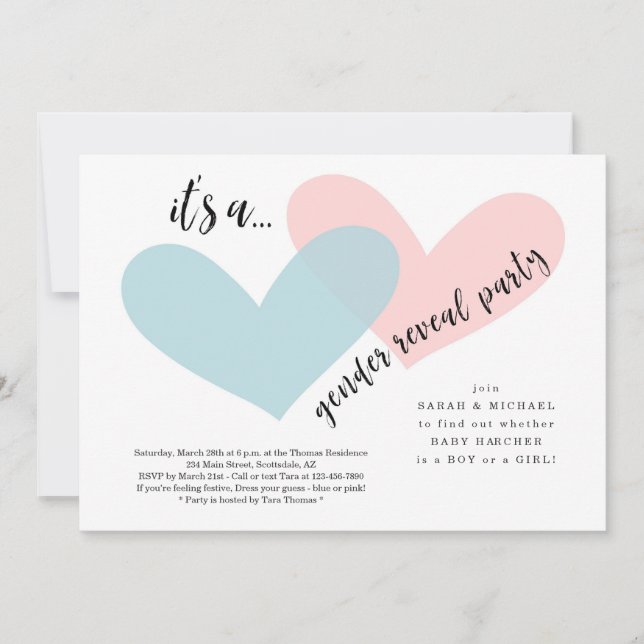 Inbjudan att visa gender | Rosa och blå hjärtan (Framsida)