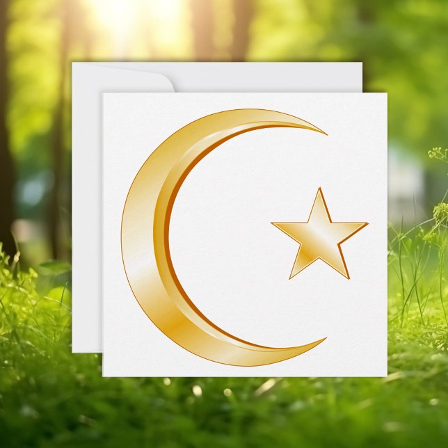Inbjudan/aviseringskort för islam-symbol (Islam Symbol Announcement/Invitation. Gold crescent moon, star. Customize with your text.)