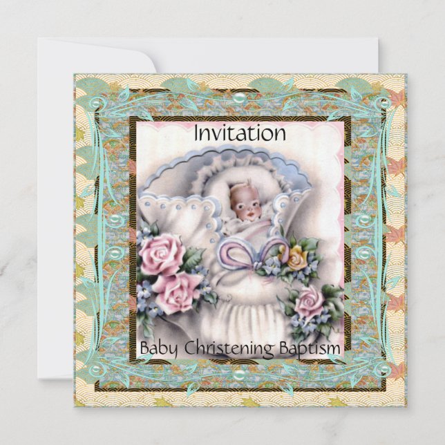 Inbjudan Baby Dop Teal Vintage (Framsida)