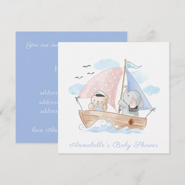 INBJUDAN: BABY SHOWER: BAR + ELEFANT INBJUDNINGAR (Fram/baksida)