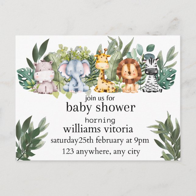inbjudan baby shower, djur, safari (Framsida)