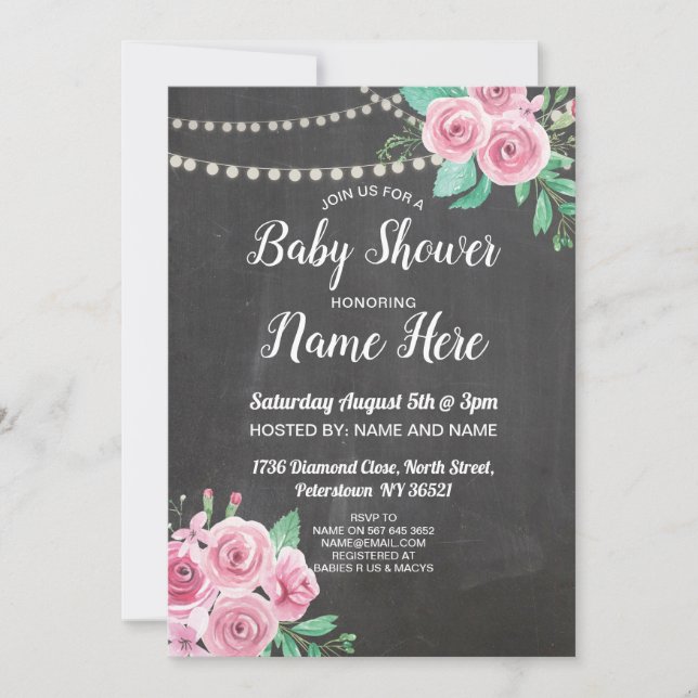 Inbjudan Blomkalk Blommigt Rosa ros för babyskor (Framsida)