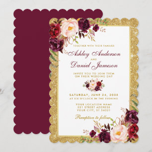 Inbjudan bröllop Burgundy Blommigt Guld Glitter S