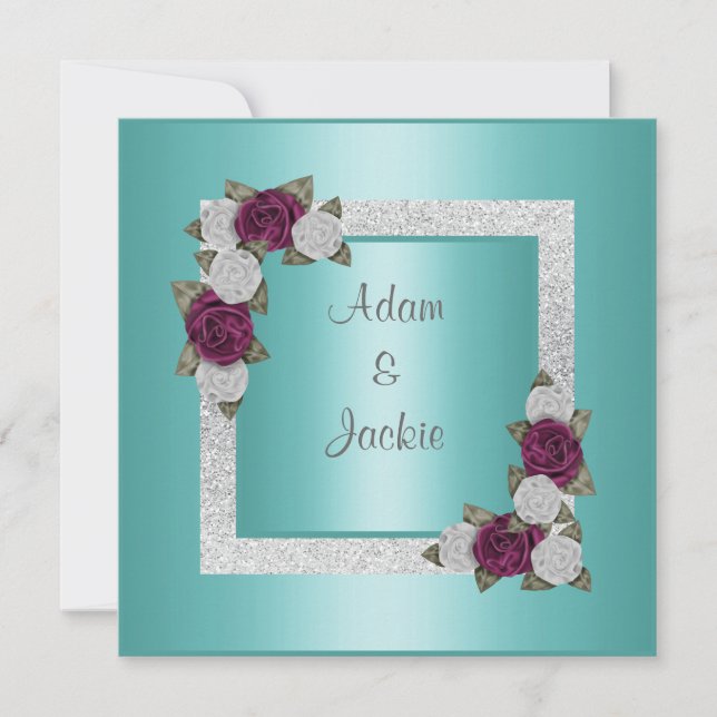 Inbjudan bröllop grönt glitter blommigt silver (Framsida)
